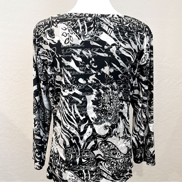 Peter Nygard Black White Abstract V Neck Stretch Top 3/4 Sleeve Medium EUC - Picture 3 of 10